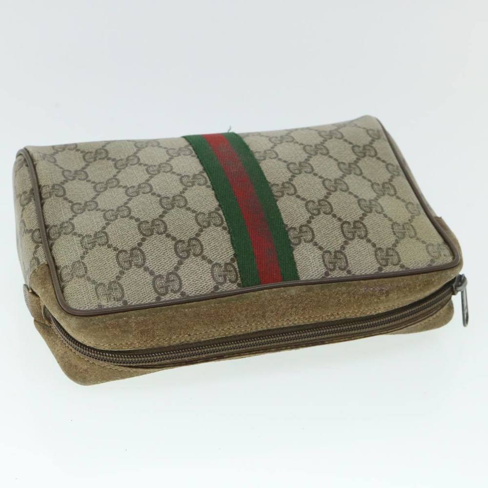 GUCCI GG Canvas Web Sherry Line Clutch Bag PVC Leather Beige Green Auth 54882 - Picture 5 of 16